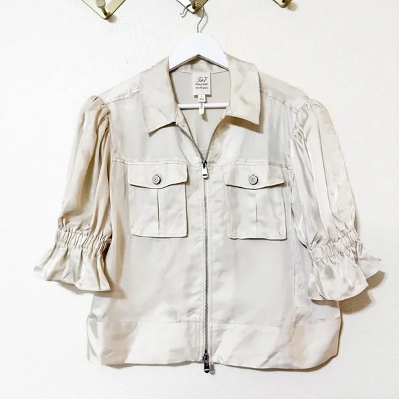 Cinq A Sept Holly Satin Pocket Puff Short Sleeve Ruffle Ivory Jacket size small - Picture 3 of 9